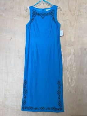 Sag Harbor Bright Blue Sleeveless Maxi Dress with Black Embroidery